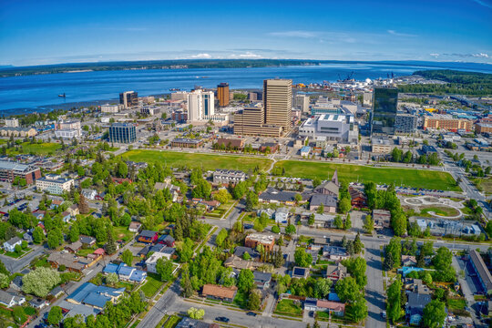 Aerial View of the downtown Anchorage, Alaska Skyline during Summer