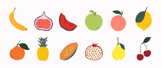 Set of colorful fruit icons vector. Hand drawn of banana, apple, pear, orange, peach, plum, watermelon, pineapple, papaya, grapes, cherry, lemon. Vector illustration, isolated on white.