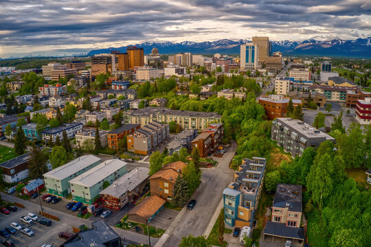 Aerial View of the downtown Anchorage, Alaska Skyline during Summer
