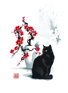 A black cat sits near a vase with a branch of blossoming sakura.  The text in seal is "Double Luck". Vector illustration in traditional oriental style.