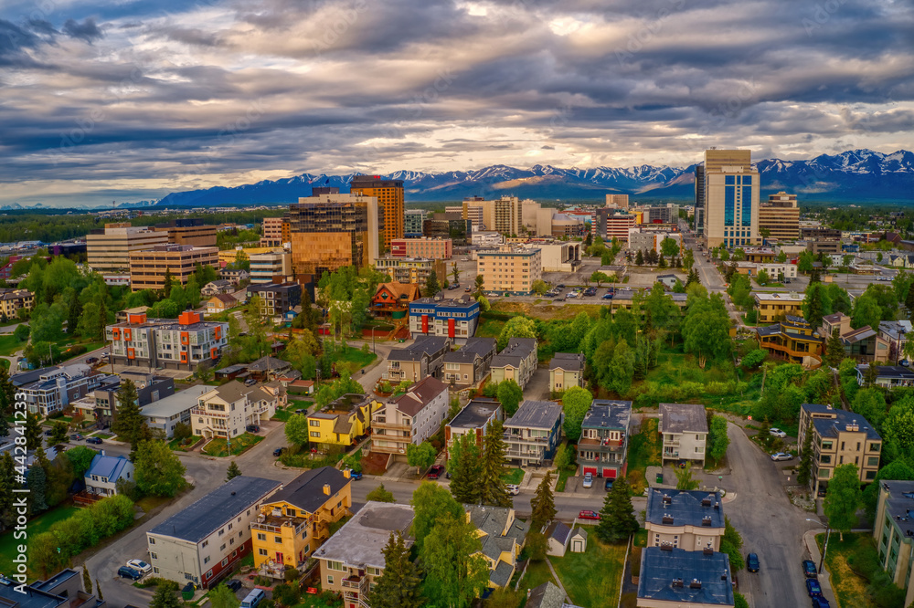 Wall mural aerial view of the downtown anchorage, alaska skyline during summer