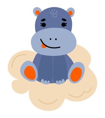 Cute hand-drawn hippo sitting on a cloud. Baby animal concept illustration for nursery, character for children. Vector illustration. White background, isolate.