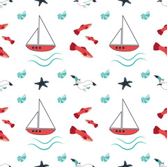 Summer marine pattern with ships, waves, starfish, seagulls and fish on a white background. Cute print with marine objects. Design for wrapping paper, stationery and textiles.