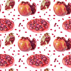 Seamless pattern watercolor plate with cherry, slice and seed pomegranate on white. Hand-drawn sweet red summer food berries fruit. Art background for menu, wallpaper, wrapping, sketchbook