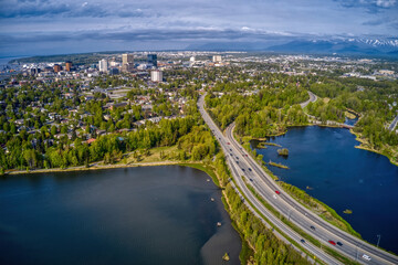 Aerial View of the downtown Anchorage, Alaska Skyline during Summer