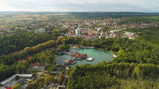 Aerial drone shot of wonderful Lake H&eacute;v&iacute;z on a beautiful day with town of Hev&iacute;z in the background