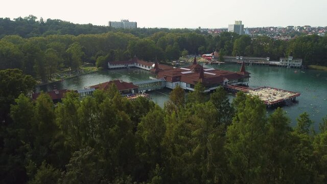 Aerial drone shot of wonderful Lake H&eacute;v&iacute;z on a beautiful day with town of Hev&iacute;z in the background
