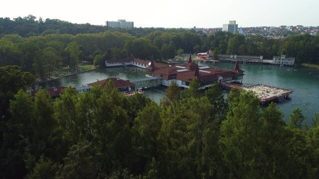 Aerial drone shot of wonderful Lake H&eacute;v&iacute;z on a beautiful day with town of Hev&iacute;z in the background