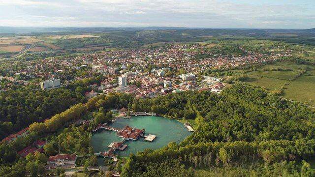 Aerial drone shot of wonderful Lake H&eacute;v&iacute;z on a beautiful day with town of Hev&iacute;z in the background