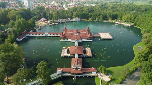 Aerial drone shot of wonderful Lake H&eacute;v&iacute;z on a beautiful day with town of Hev&iacute;z in the background
