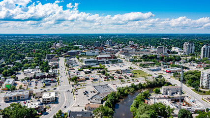 Aerial view of Guelph, Ontario downtown over the Speed River.