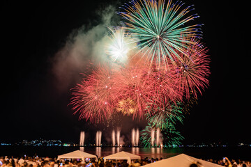 Night images with New Year's (Réveillon) fireworks exploding in the sky. People watch the lights...