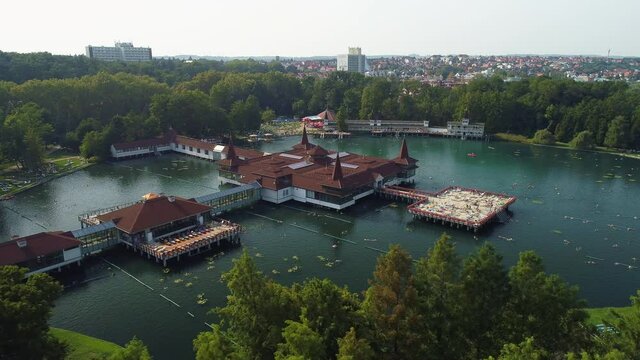 Aerial drone shot of wonderful Lake H&eacute;v&iacute;z on a beautiful day with town of Hev&iacute;z in the background