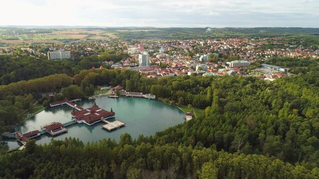 Aerial drone shot of wonderful Lake H&eacute;v&iacute;z on a beautiful day with town of Hev&iacute;z in the background