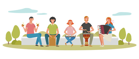 Young people playing musical instruments and singing in the street.