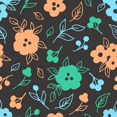Simple floral vector seamless pattern. Blue, green, beige flowers, leaves, twigs on a dark gray background. For prints of fabrics, textile products.