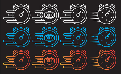 Speed Timer Icon Set – Neon Stopwatch and Fast Delivery Symbols