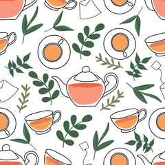 Seamless pattern tea set, afternoon tea party, a collection of elements of the tea ceremony, a bag, a cup and a lot of berries and twigs, fruit additives, herbal drink in a mug. Vector illustration