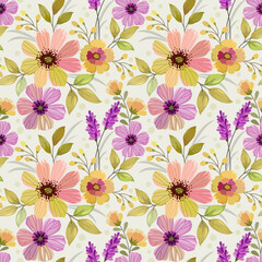 Colorful flowers in watercolor style seamless pattern.