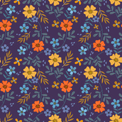 Colorful flowers on purple color seamless pattern Can be use for fabric textile wallpaper.