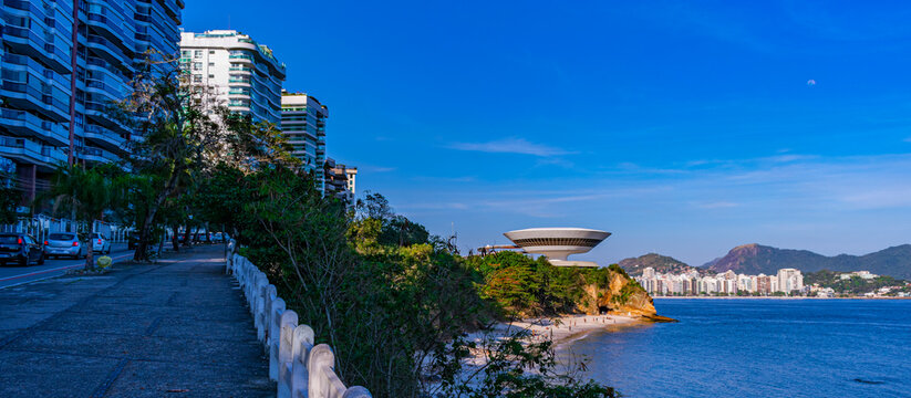 Niterói, Rio de Janeiro, Brazil - CIRCA 2021: The Museum of Contemporary Art in Niterói was designed by Oscar Niemeyer. Voted one of the 10 most influential works of architecture in the last 50 years