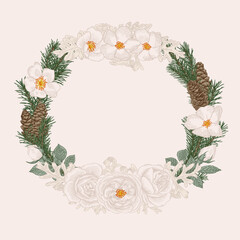 Christmas wreath. Blue and white pattern.