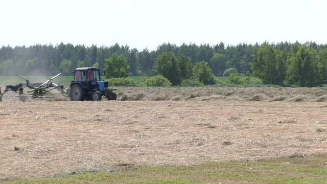 Fodder for cattle. Swathing grass in a meadows with a rake and tractor. Undulating landscape. Tractor working on the farm field
