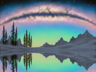 Drawing landscape, reflection of the snow mountain on the water surface has the Milky Way as the background.