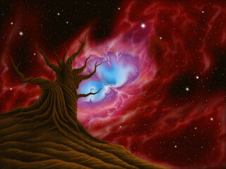 Drawing nebula and stars, Designed with trees without leaves.