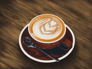 Drawing of latte coffee in brown cup on wooden floor.