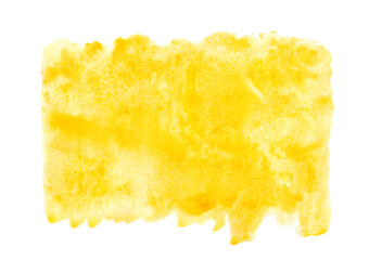 Yellow watercolor painted background with blots and splatters. Abstract yellow design template, Hand draw paint on paper texture.
