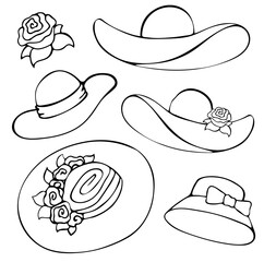 Set of different vector illustrations of summer women's hats in the style of flat. Hand drawing. Summer season