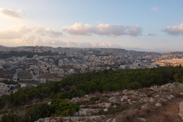 Fototapeta na wymiar Landscape from the Jumping Mountain in Nazareth. Panoramic view. Sunset