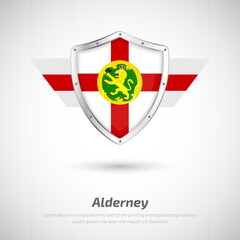 Elegant glossy shield for Alderney country with happy independence day greeting background