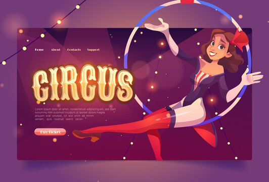 Circus website with aerial gymnast girl in hoop. Invitation banner to carnival show, theater performance in cirque. Vector landing page with cartoon illustration of woman acrobat, aerialist dancer