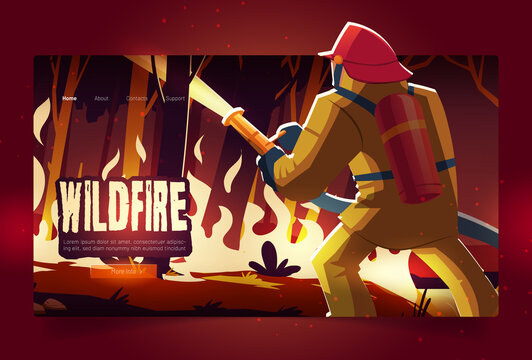 Wildfire landing page with burning forest and fireman at night. Vector banner of wild nature disaster with cartoon illustration of man extinguishes flame in woods with burning trees and grass
