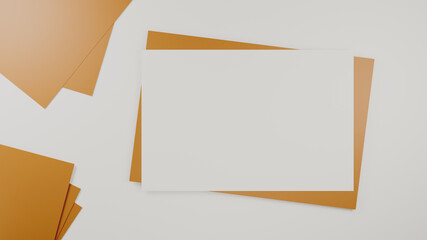 Blank white paper on the brown paper envelope. Mock-up of horizontal blank greeting card. Top view of Craft paper envelope on white background. Flat lay of stationery. Minimalism style. 3D Rendering.