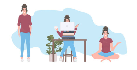 set woman in different poses stay home coronavirus pandemic quarantine self-isolation concept