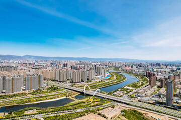 Aerial scenery along the Xiaohei River in Hohhot, Inner Mongolia, China