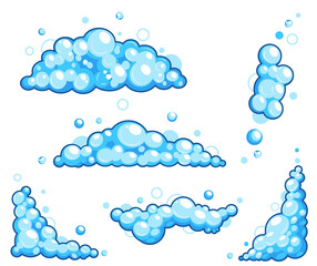 Cartoon soap foam set with bubbles. Light blue suds of bath, shampoo, shaving, mousse. Vector illustration - obrazy, fototapety, plakaty