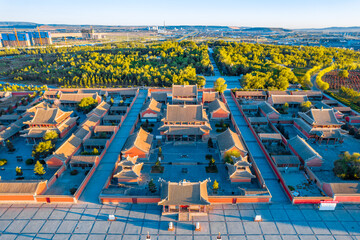 Aerial photography of early morning scenery of Beizi Temple, Xilinhot City, Xilin Gol, Inner Mongolia © Govan