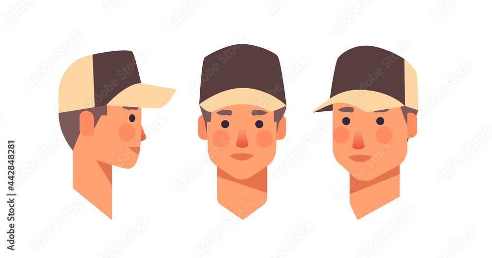Poster set guy in cap head avatar front side view male character different views for animation horizontal