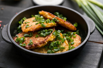 Delicious onion  fritters with sour cream and green onion on plate, closeup