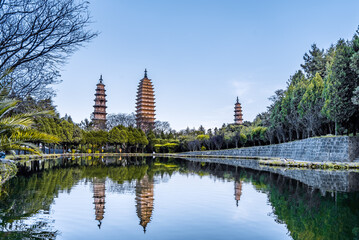 Three Pagodas Reflection Scenery in Chongsheng Temple, Dali, Yunnan, China
