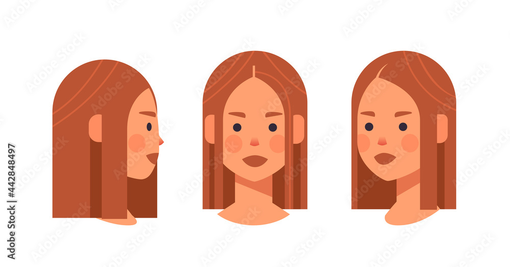 Poster set girl head avatar front side view female character different views for animation portrait