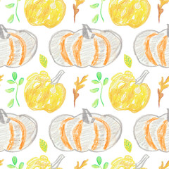 Seamless patterns with fall pumpkins hand drawn in wax crayons.Food print for Thanksgiving with textured pastels on white isolated background.Designs for textiles,packaging,wrapping paper,cards.