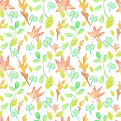 Seamless patterns with fall leaves hand drawn in wax crayons.Food print for Thanksgiving with textured pastels on white isolated background.Designs for textiles,packaging,wrapping paper,cards.