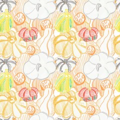Seamless patterns with fall pumpkins hand drawn in wax crayons.Food print for Thanksgiving with textured pastels on white isolated background.Designs for textiles,packaging,wrapping paper,cards.