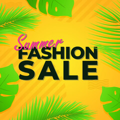 Vector illustration - Summer fashion sale greeting with green tropic leaves on yellow background.