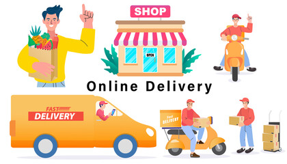 SET Delivery concept. Man Delivering Online with Grocery order from smart phone. Shopping on social networks through phone flat design style. Vector illustration.